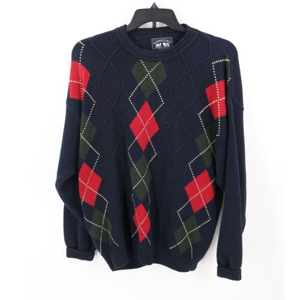 Woods & Gray Mens Argyle Knit Sweater Size XL Blue Red Thick Diamond
